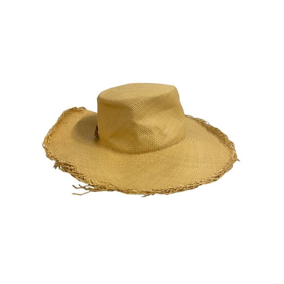 Revolve Sensi Studio Straw Frayed Long Brim Boater Hat Beige Sable Size Medium